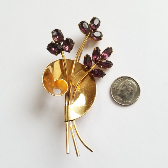 Coro Sterling Amethyst Rhinestone Floral Brooch - Picture 3 of 4